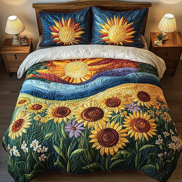 Sunflower Deity quilted 3-piece bedding set on a made bed with two matching pillow shams