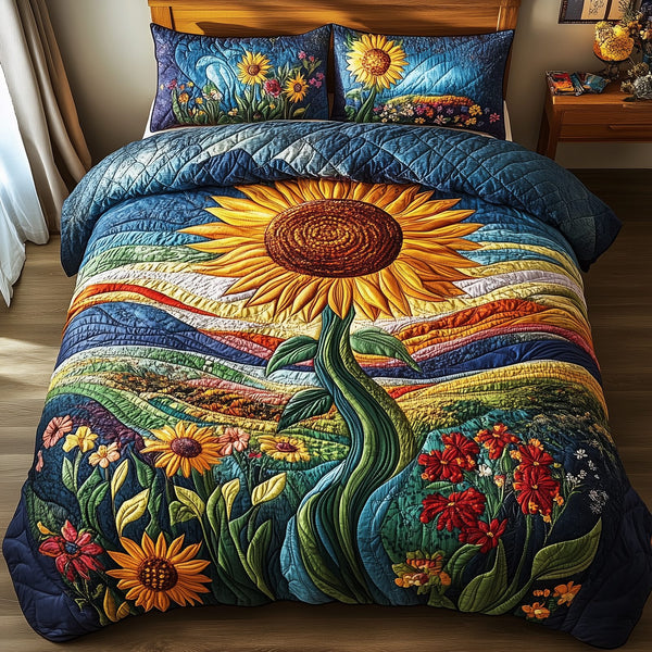 Sunflower Deity quilted 3-piece bedding set on a made bed with two matching pillow shams