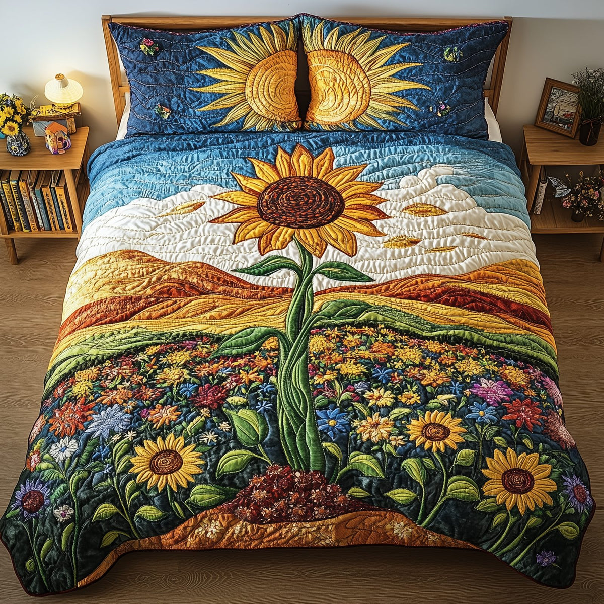 Sunflower Deity quilted 3-piece bedding set on a made bed with two matching pillow shams