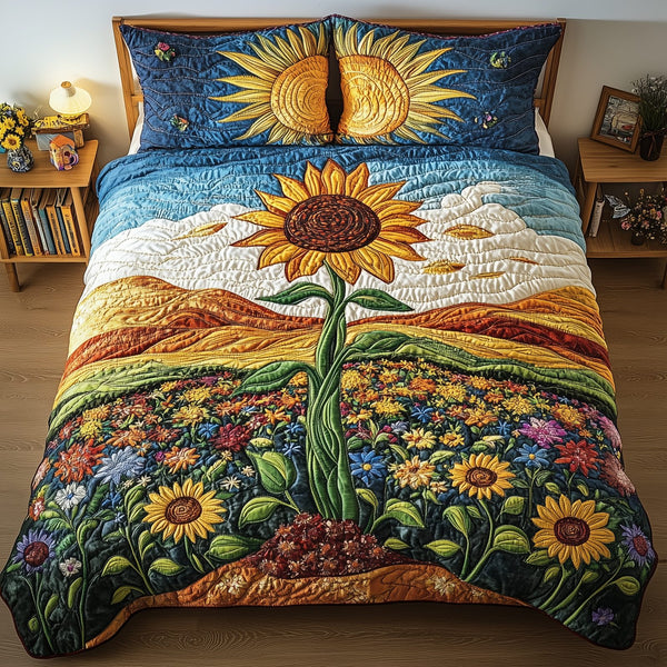 Sunflower Deity quilted 3-piece bedding set on a made bed with two matching pillow shams