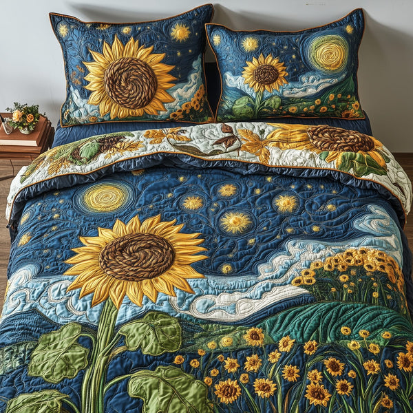 Sunflower Deity quilted 3-piece bedding set on a made bed with two matching pillow shams