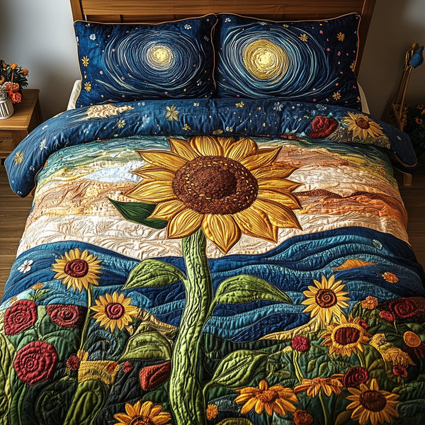 Sunflower Deity quilted 3-piece bedding set on a made bed with two matching pillow shams