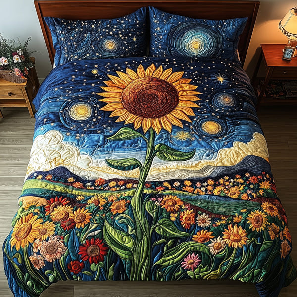 Sunflower Deity quilted 3-piece bedding set on a made bed with two matching pillow shams