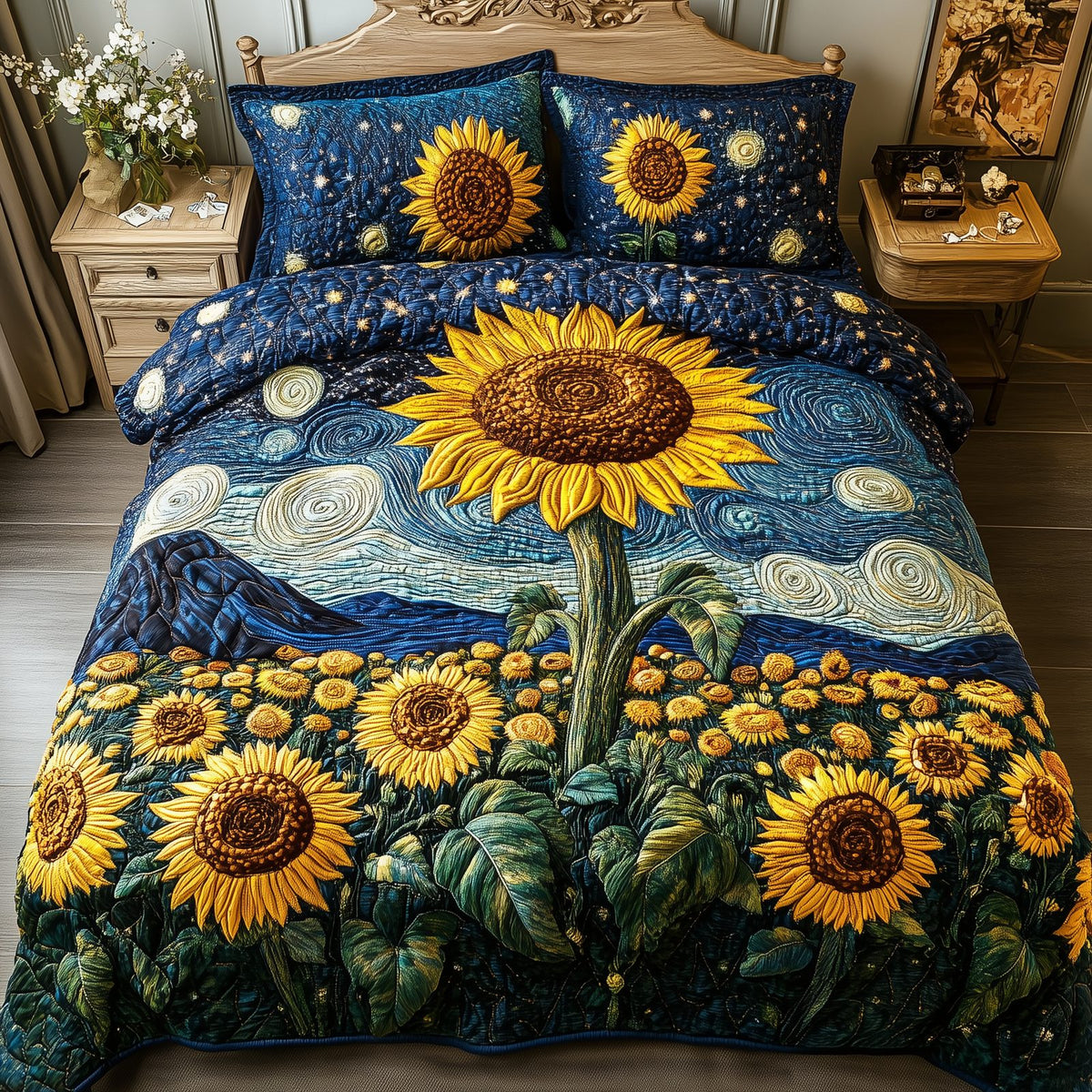 Sunflower Deity quilted 3-piece bedding set on a made bed with two matching pillow shams
