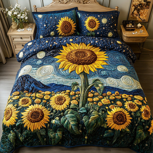 Sunflower Deity quilted 3-piece bedding set on a made bed with two matching pillow shams