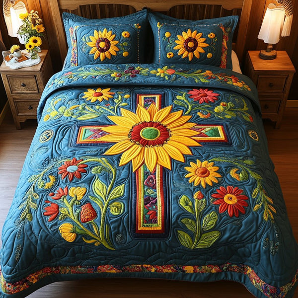 Sunflower Delight quilted 3-piece bedding set on a made bed with two matching pillow shams