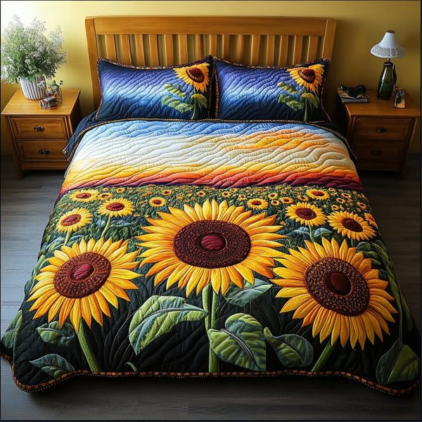 Sunflower Dream quilted 3-piece bedding set on a made bed with two matching pillow shams