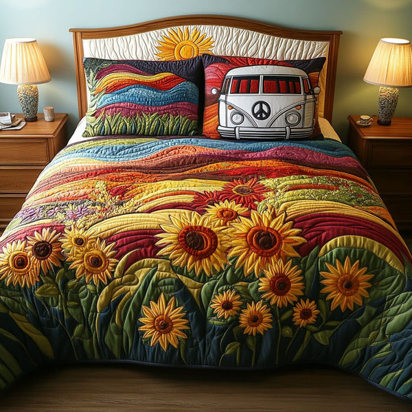 Sunflower Dream quilted 3-piece bedding set on a made bed with two matching pillow shams
