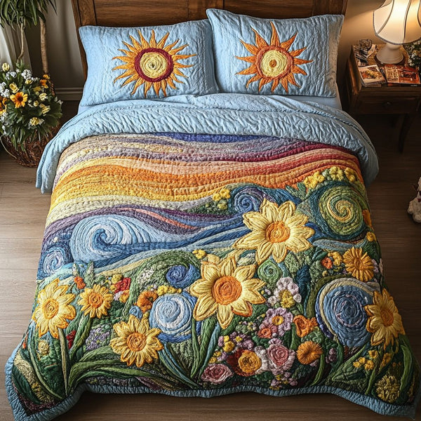 Sunflower Dream quilted 3-piece bedding set on a made bed with two matching pillow shams