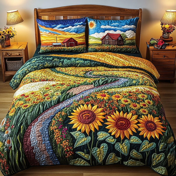 Sunflower Dream quilted 3-piece bedding set on a made bed with two matching pillow shams