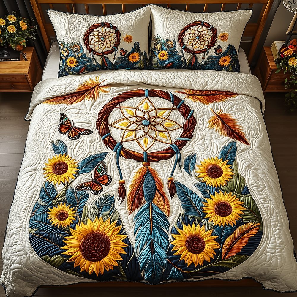 Sunflower Dreamcatcher quilted 3-piece bedding set on a made bed with two matching pillow shams