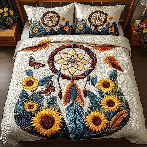 Sunflower Dreamcatcher quilted 3-piece bedding set on a made bed with two matching pillow shams