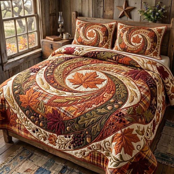Sunflower Dreams quilted 3-piece bedding set on a made bed with two matching pillow shams