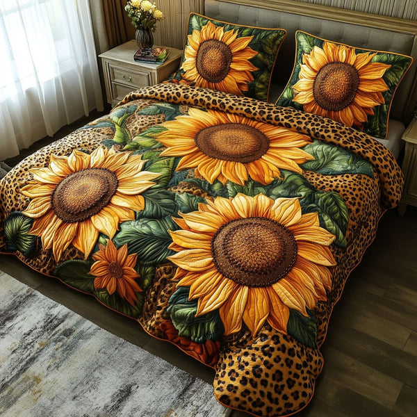 Sunflower Dreams quilted 3-piece bedding set on a made bed with two matching pillow shams