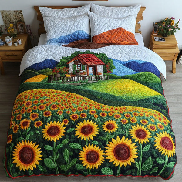 Sunflower Dreams quilted 3-piece bedding set on a made bed with two matching pillow shams