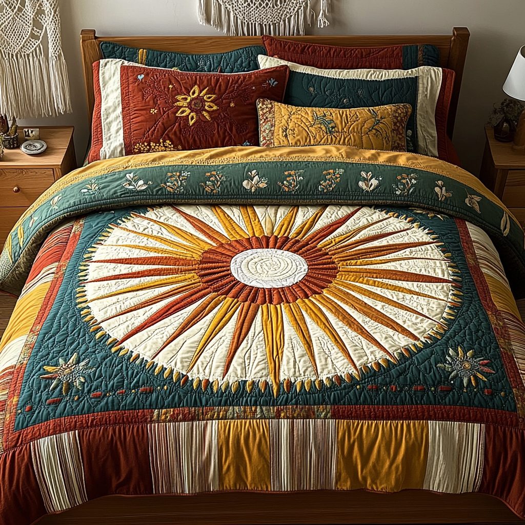 Sunflower Dreams quilted 3-piece bedding set on a made bed with two matching pillow shams