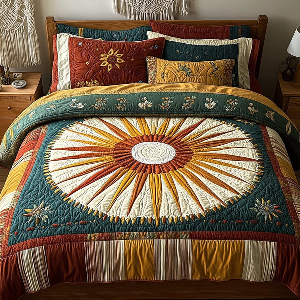 Sunflower Dreams quilted 3-piece bedding set on a made bed with two matching pillow shams