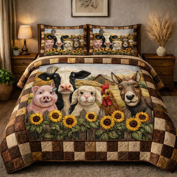 Sunflower Farm Family quilted 3-piece bedding set on a made bed with two matching pillow shams