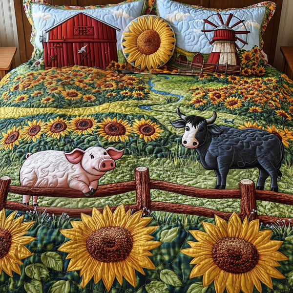Sunflower Farm quilted 3-piece bedding set on a made bed with two matching pillow shams
