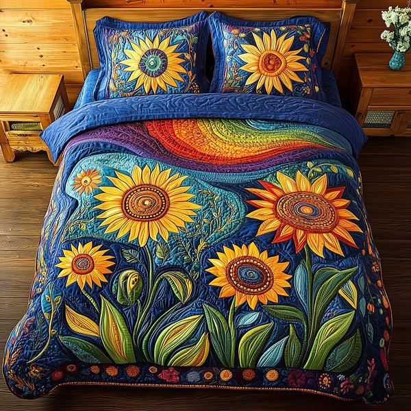 Sunflower Field quilted 3-piece bedding set on a made bed with two matching pillow shams