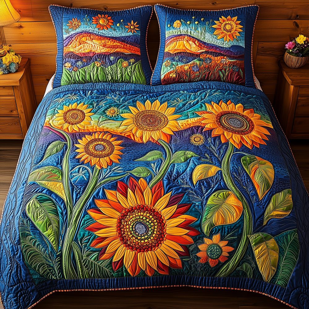 Sunflower Field quilted 3-piece bedding set on a made bed with two matching pillow shams