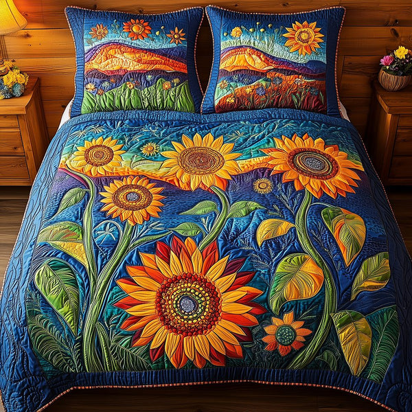 Sunflower Field quilted 3-piece bedding set on a made bed with two matching pillow shams