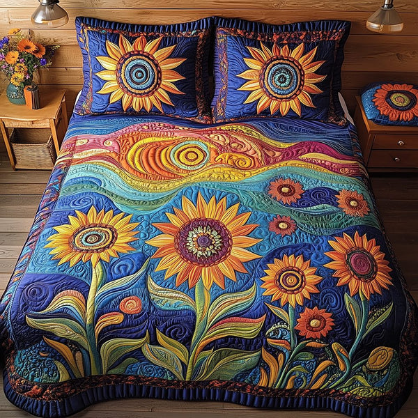 Sunflower Field quilted 3-piece bedding set on a made bed with two matching pillow shams