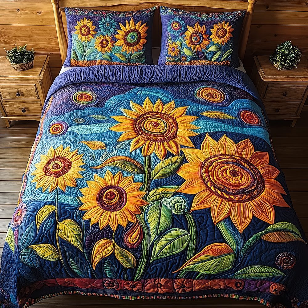 Sunflower Field quilted 3-piece bedding set on a made bed with two matching pillow shams