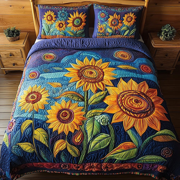 Sunflower Field quilted 3-piece bedding set on a made bed with two matching pillow shams