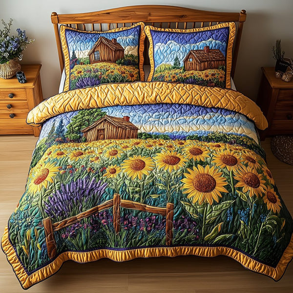 Sunflower Field quilted 3-piece bedding set on a made bed with two matching pillow shams