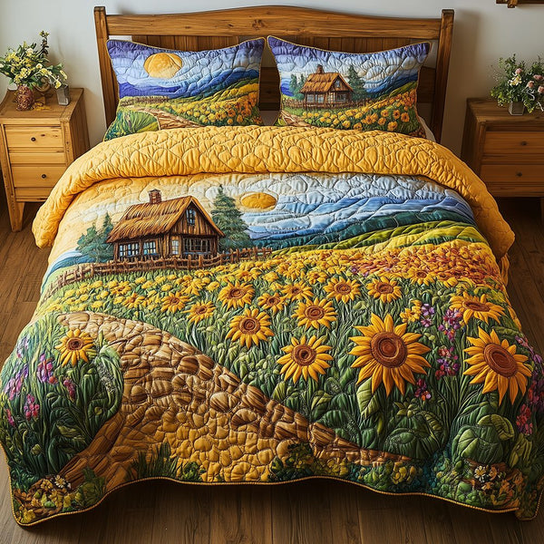 Sunflower Field quilted 3-piece bedding set on a made bed with two matching pillow shams