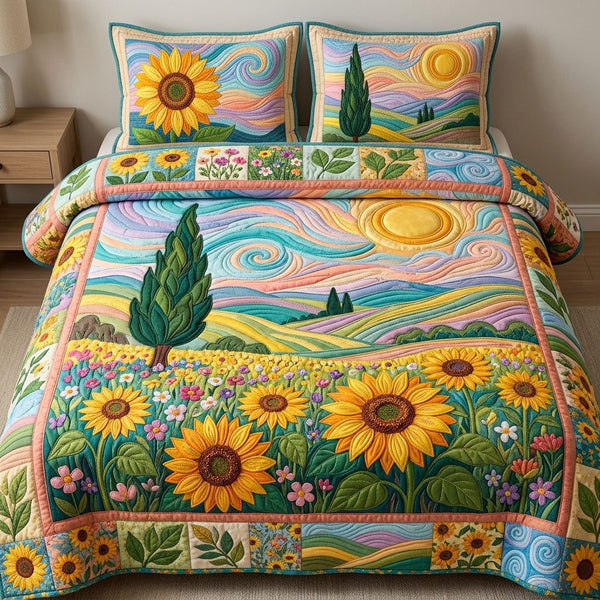 Sunflower Field quilted 3-piece bedding set on a made bed with two matching pillow shams
