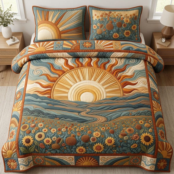 Sunflower Field quilted 3-piece bedding set on a made bed with two matching pillow shams