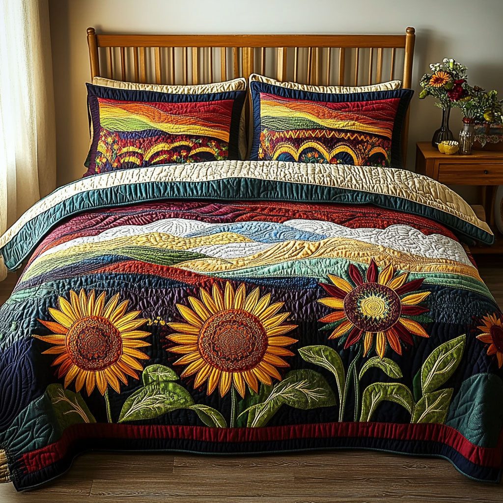 Sunflower Fields Forever quilted 3-piece bedding set on a made bed with two matching pillow shams
