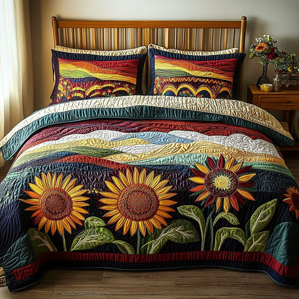 Sunflower Fields Forever quilted 3-piece bedding set on a made bed with two matching pillow shams