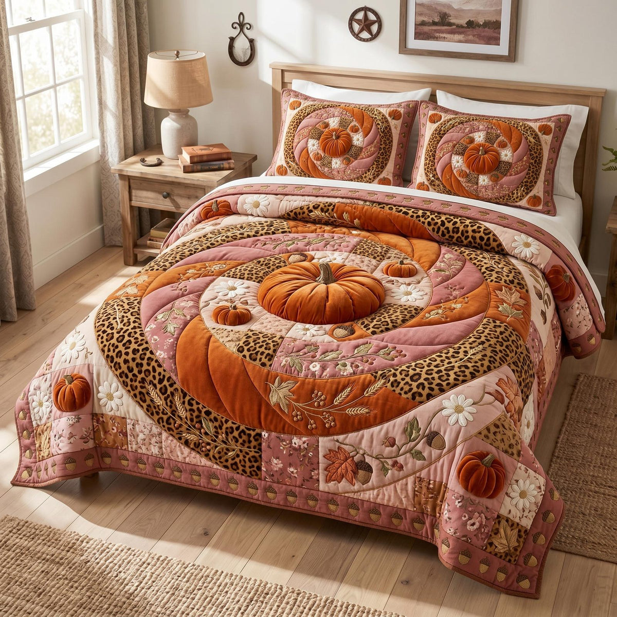 Sunflower Fields quilted 3-piece bedding set on a made bed with two matching pillow shams