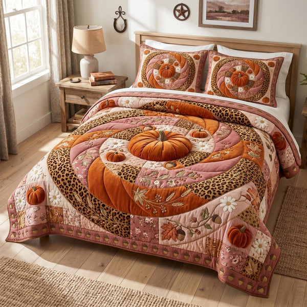 Sunflower Fields quilted 3-piece bedding set on a made bed with two matching pillow shams