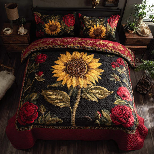 Sunflower Fields quilted 3-piece bedding set on a made bed with two matching pillow shams