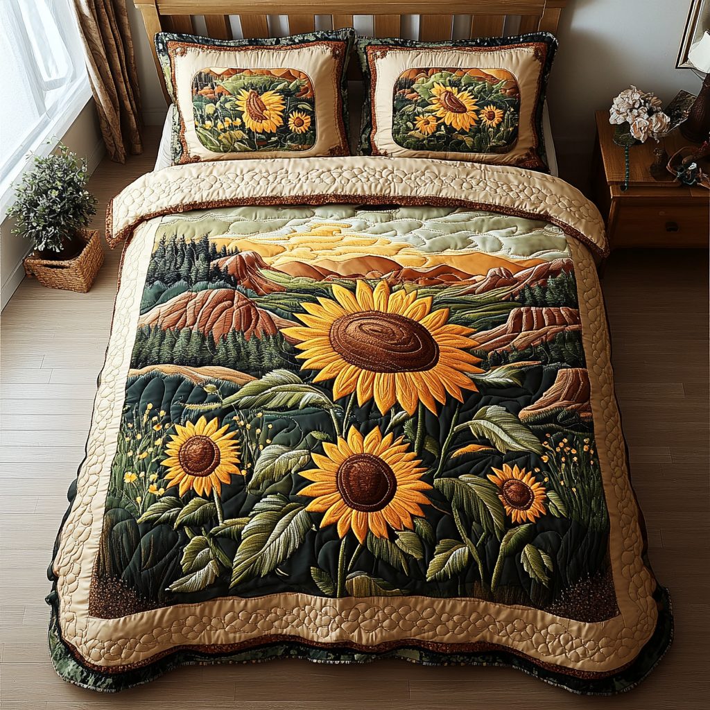 Sunflower Fields quilted 3-piece bedding set on a made bed with two matching pillow shams