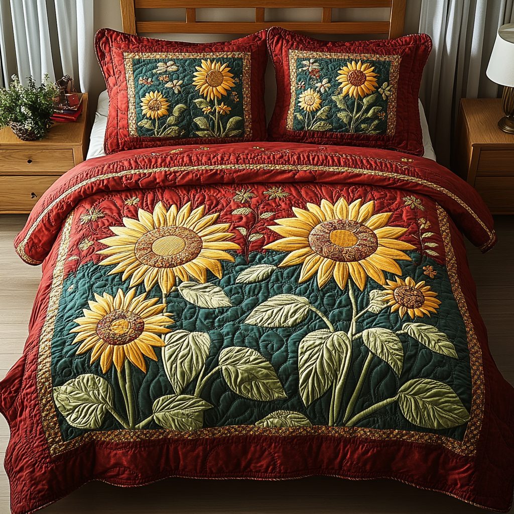 Sunflower Fields quilted 3-piece bedding set on a made bed with two matching pillow shams