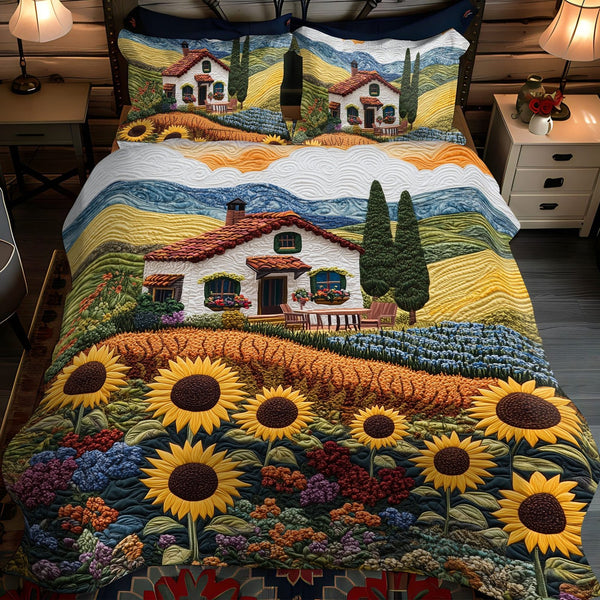 Sunflower Fields quilted 3-piece bedding set on a made bed with two matching pillow shams