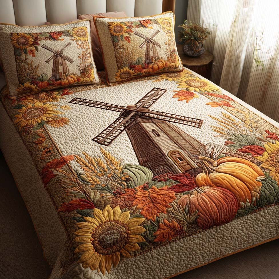 Sunflower Fields quilted 3-piece bedding set on a made bed with two matching pillow shams