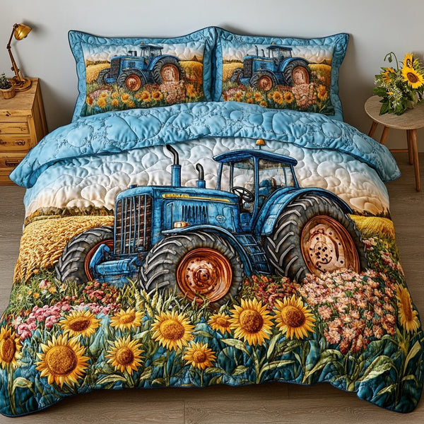 Sunflower Fields quilted 3-piece bedding set on a made bed with two matching pillow shams