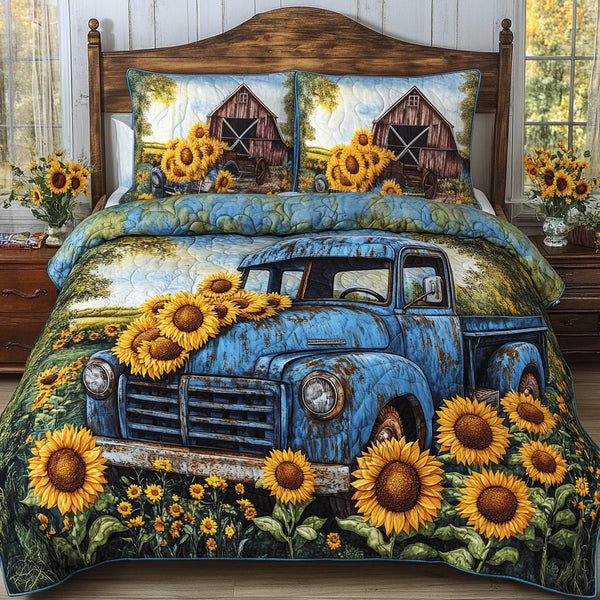 Sunflower Fields quilted 3-piece bedding set on a made bed with two matching pillow shams