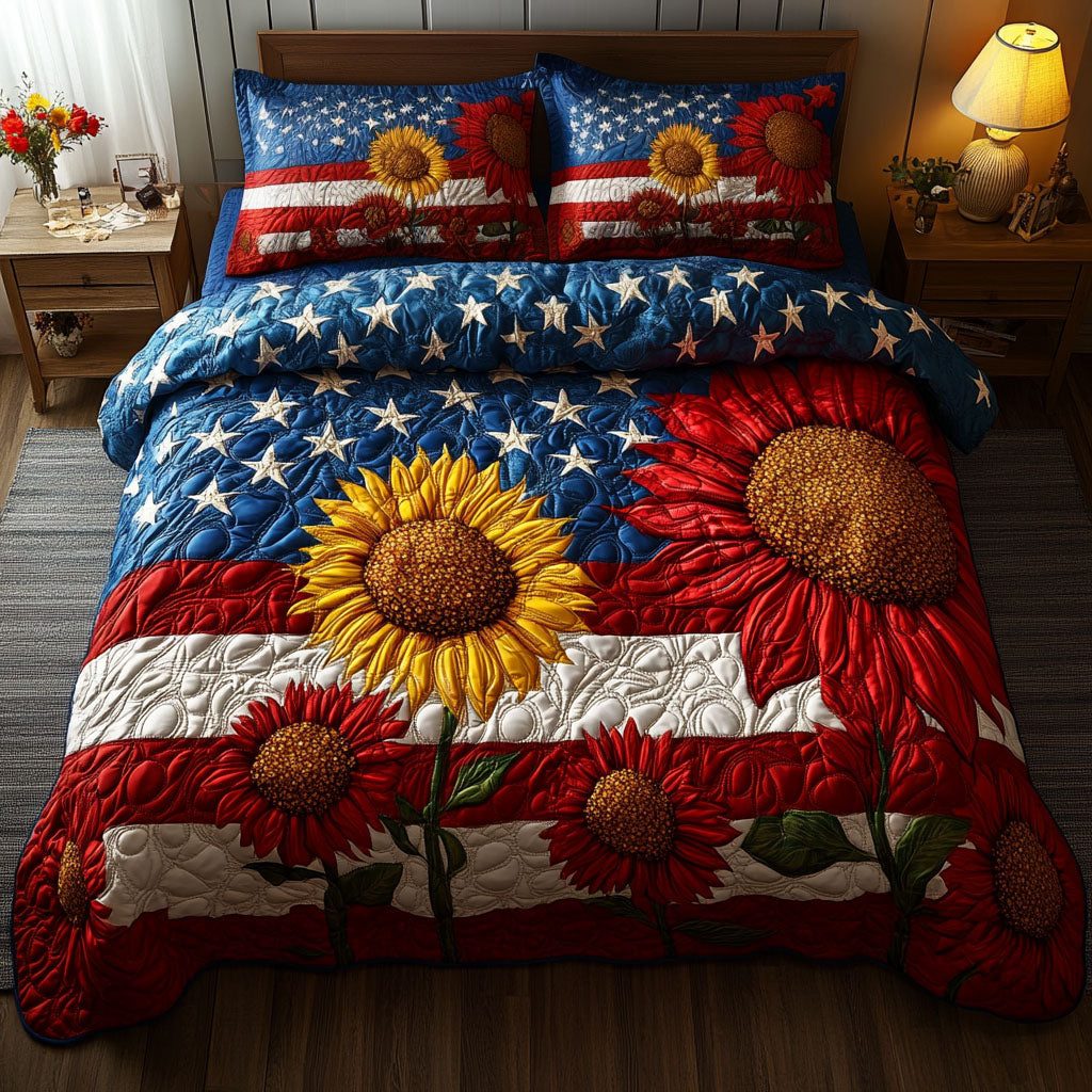 Sunflower Flag quilted 3-piece bedding set on a made bed in a warmly lit bedroom
