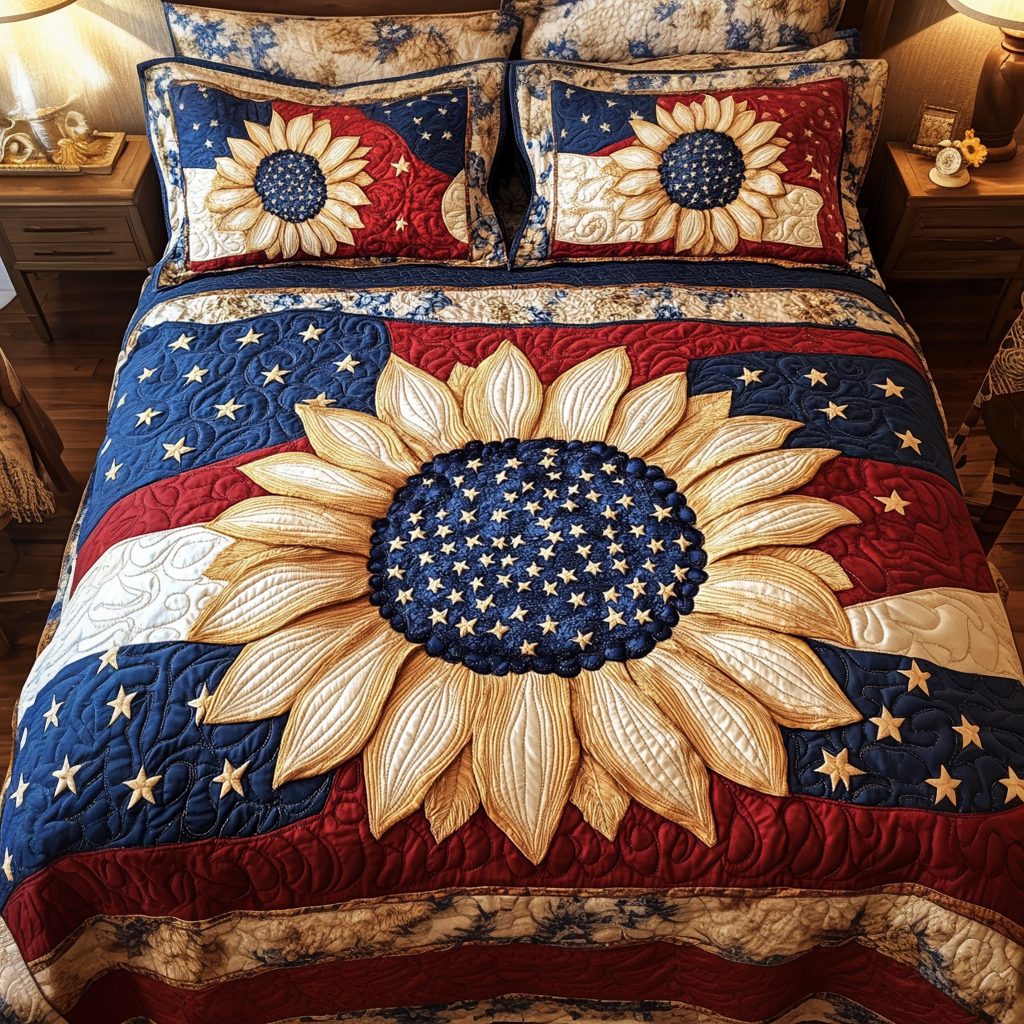 Sunflower Flag quilted 3-piece bedding set on a made bed in a warmly lit bedroom