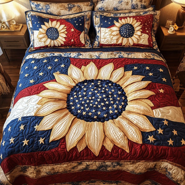 Sunflower Flag quilted 3-piece bedding set on a made bed in a warmly lit bedroom