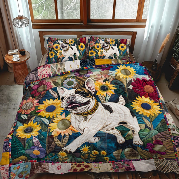 Sunflower French Bulldog quilted 3-piece bedding set on a made bed with two matching pillow shams