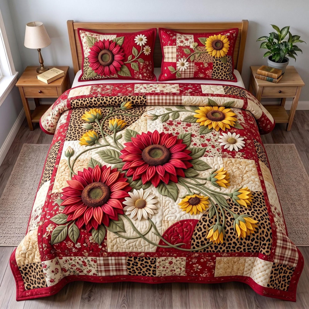Sunflower Garden quilted 3-piece bedding set on a made bed with two matching pillow shams