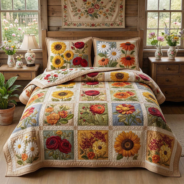 Sunflower Garden quilted 3-piece bedding set on a made bed with two matching pillow shams